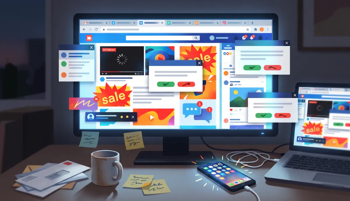 A desktop screen buried under stacked pop-ups, autoplay video and sale banners